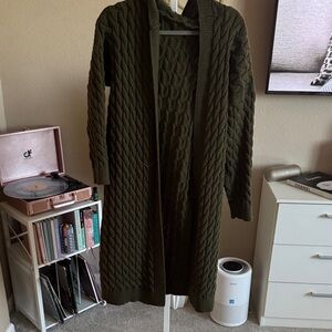Long Olive Green Cable Knit Hooded Cardigan